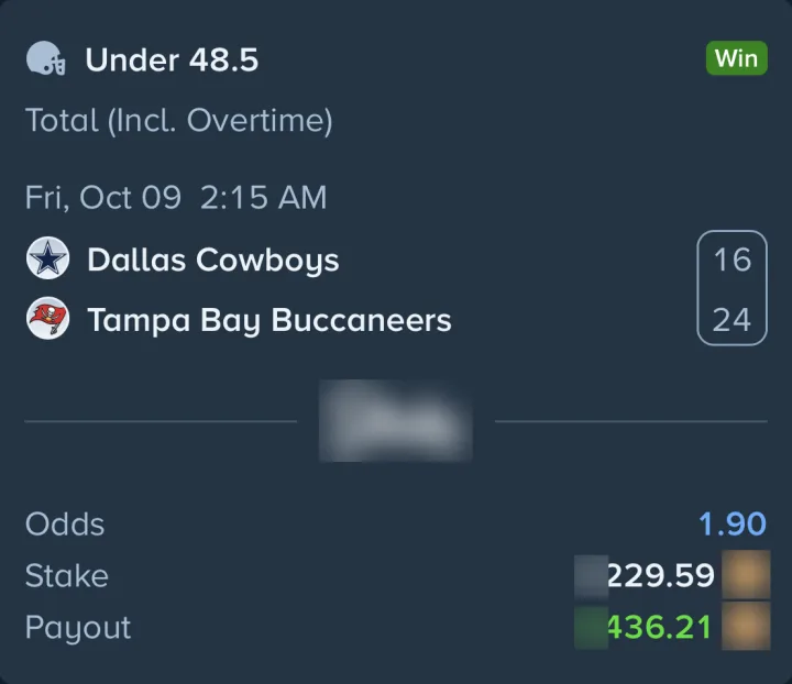 Winning slip: Cowboys vs Buccaneers Under 48.5 at 1.90